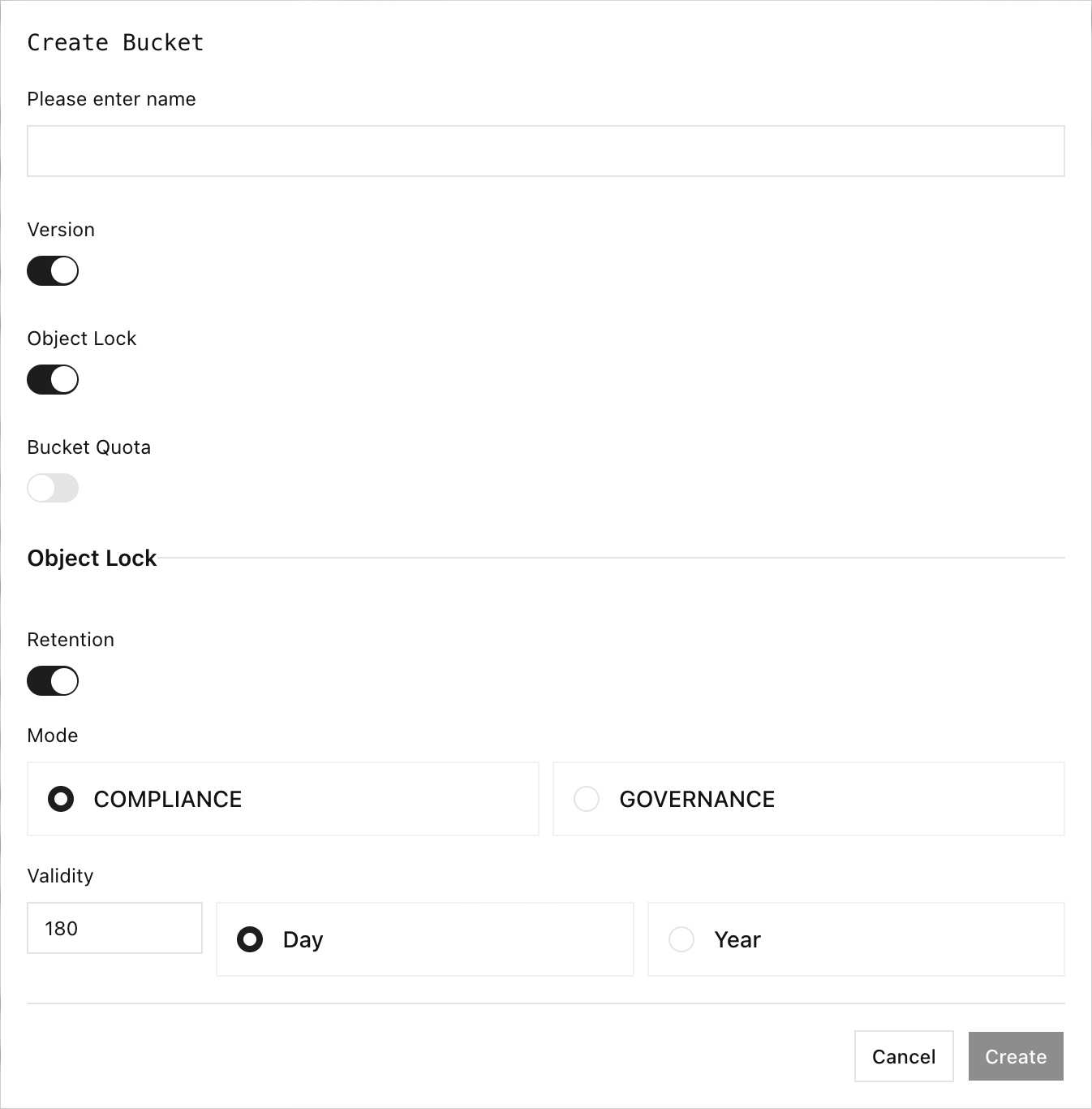 Create Bucket dialog with versioning, Object Lock, and default retention enabled