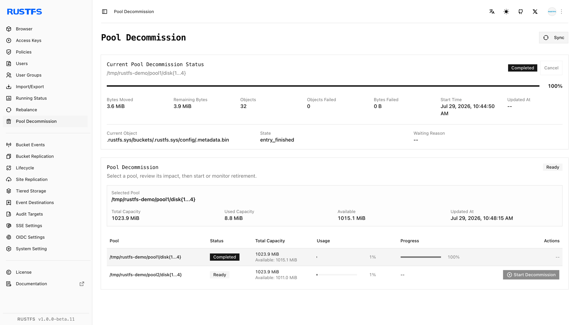 RustFS Console showing the selected pool with a completed decommission status