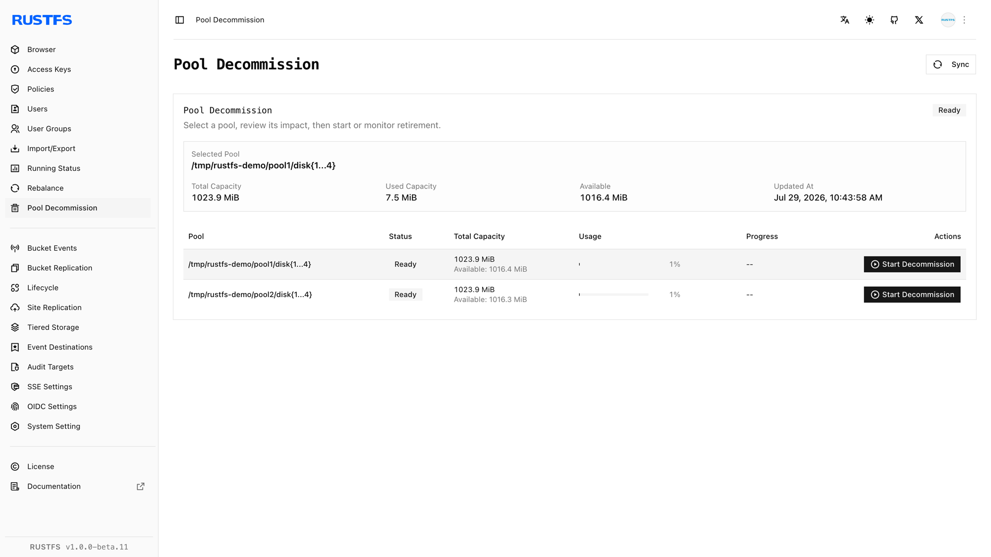 RustFS Console showing the selected storage pool before decommissioning